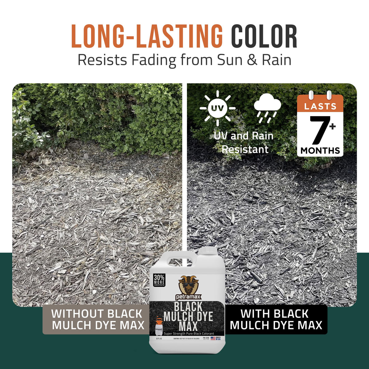 Petra mulch color restoration visual showing deep black shade on chips.