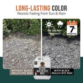 Petra mulch color restoration visual showing deep black shade on chips.