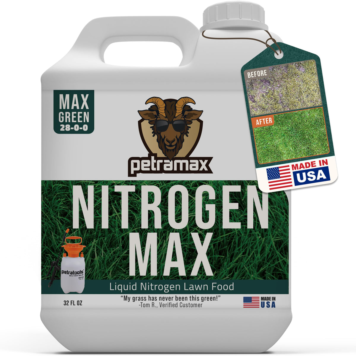 PetraTools Petramax liquid nitrogen bottle shows high-nitrogen formula for quick lawn green-up.