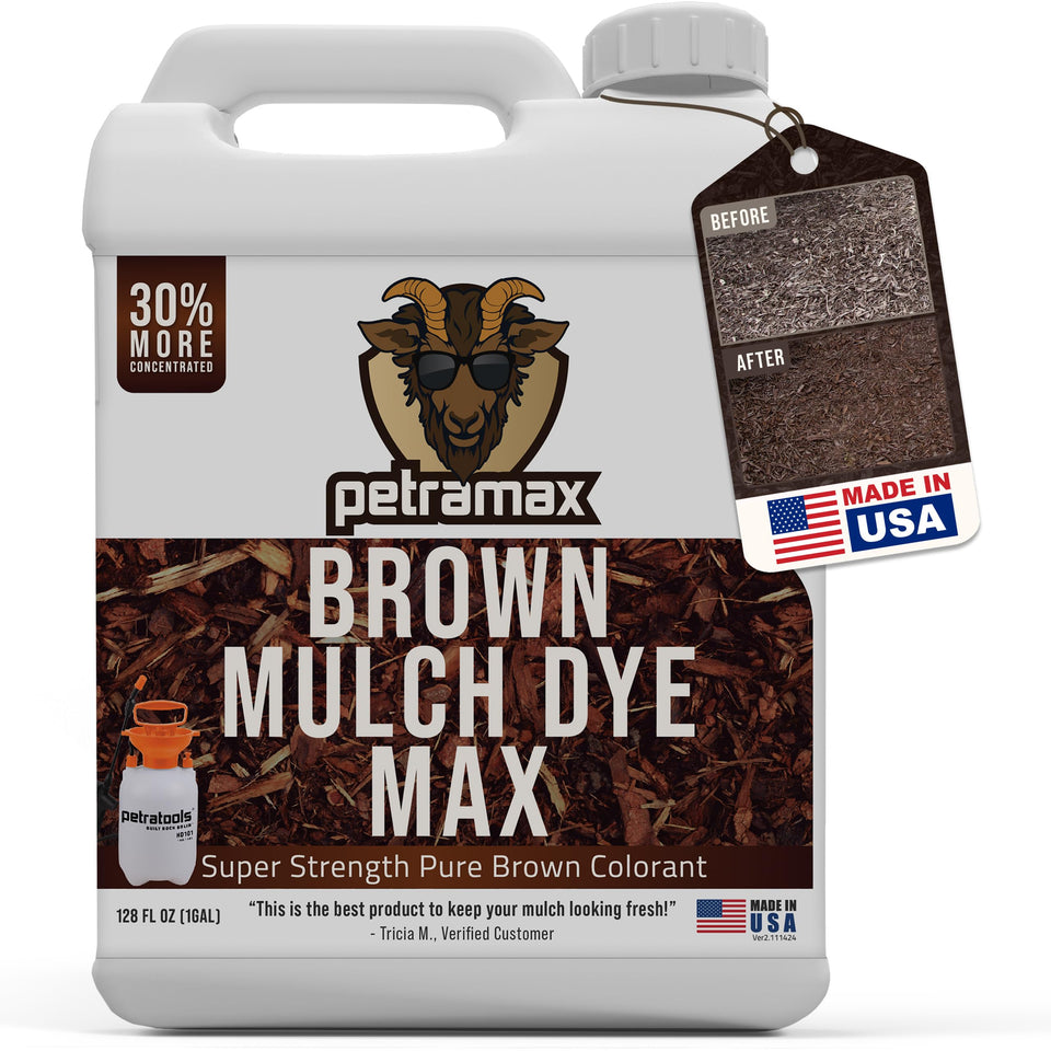 PETRAMAX Petra Brown Mulch Dye bottle showing rich, long-lasting color for garden beds.