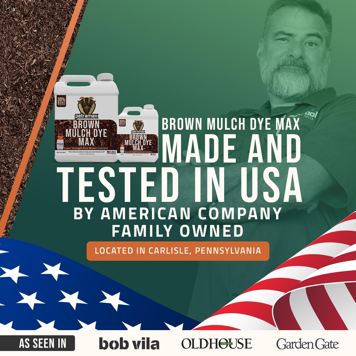 PETRAMAX Petra Brown Mulch Dye packaging with USA support and guarantee.
