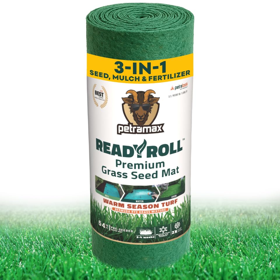 Petramax ReadyRoll biodegradable seed mat shows dense Bermuda seed coverage for quick lawn restoration.