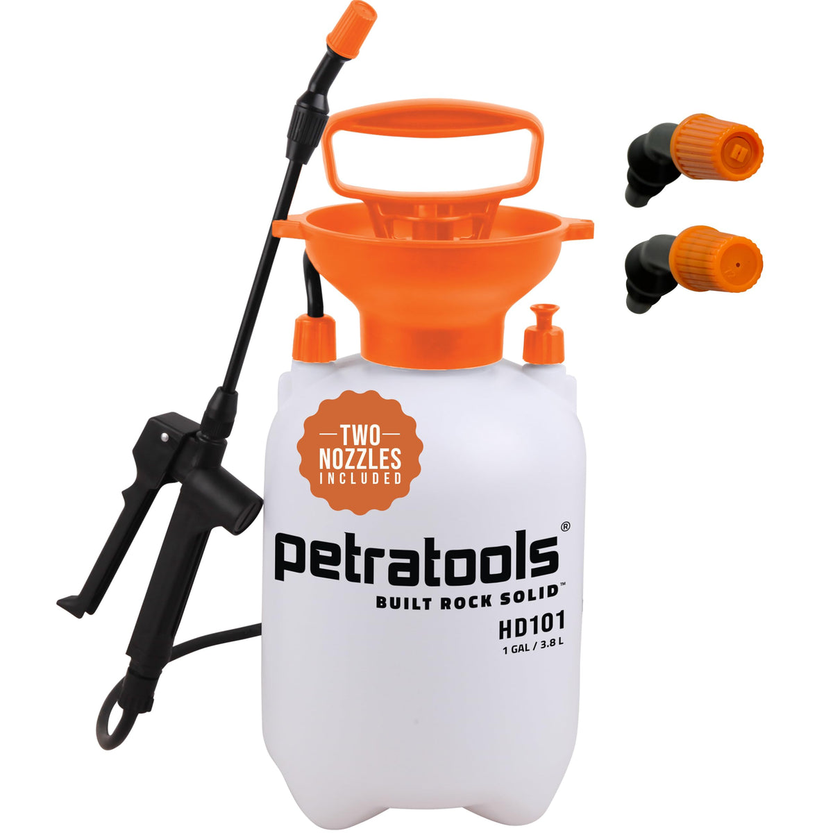 PetraTools HD101 sprayer with 52 inch hose for extended garden reach.