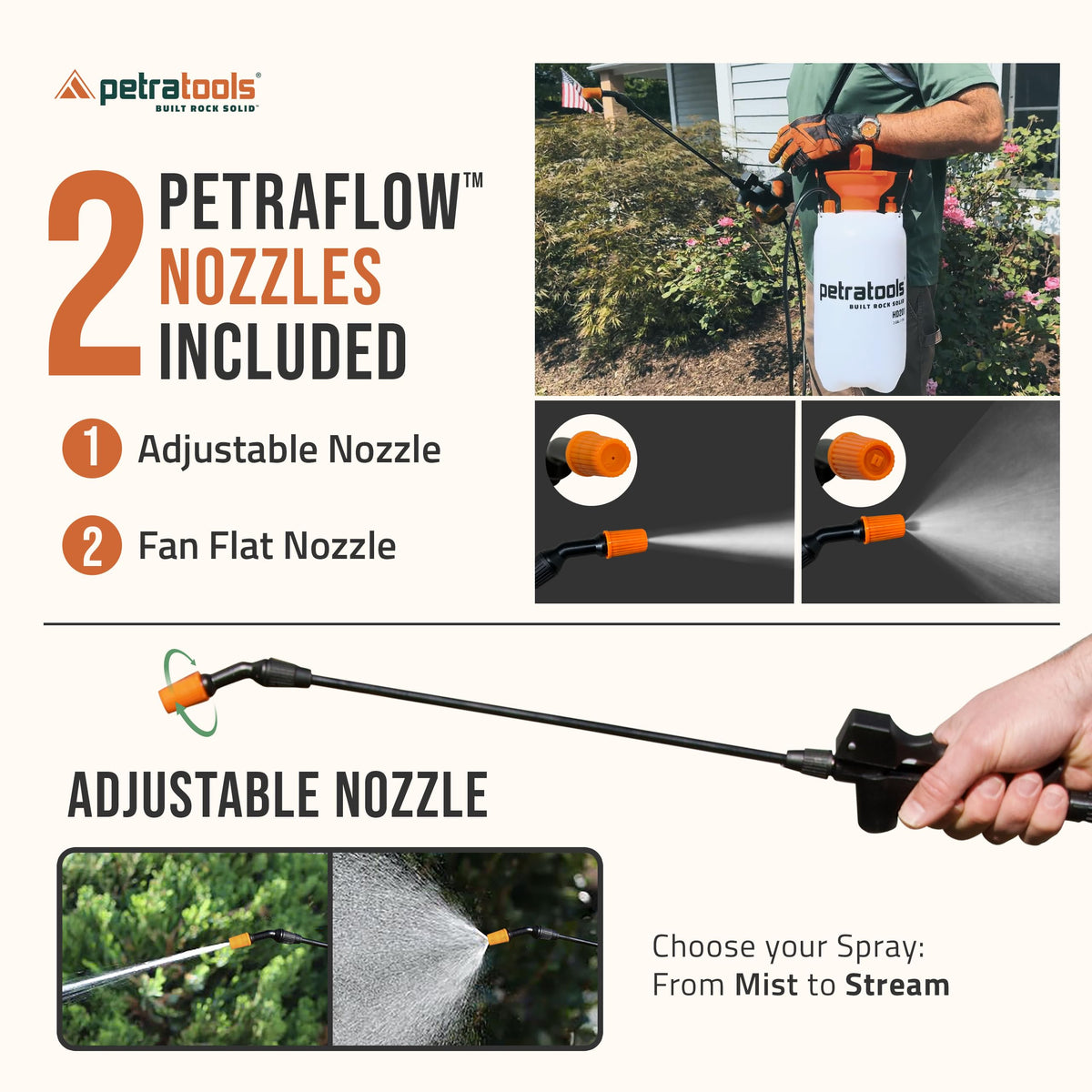 Petratools HD201 includes two nozzles for misting and spot spraying