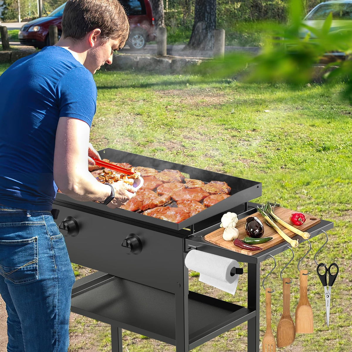 Petrirufun side table keeps tools, towels, and condiments within arm's reach.