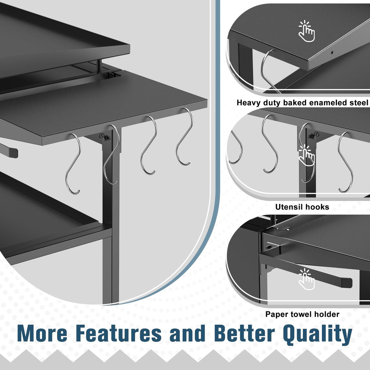 Petrirufun side shelf with paper towel holder keeps towels within reach during grilling.