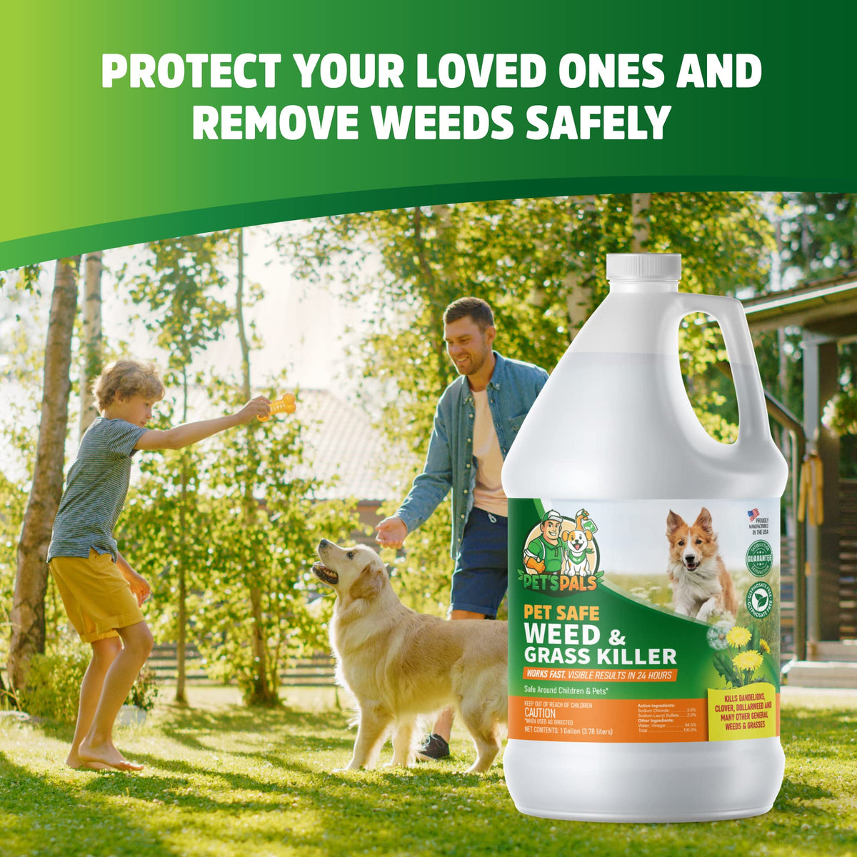 PET'S PALS natural weed killer label highlights no glyphosate.