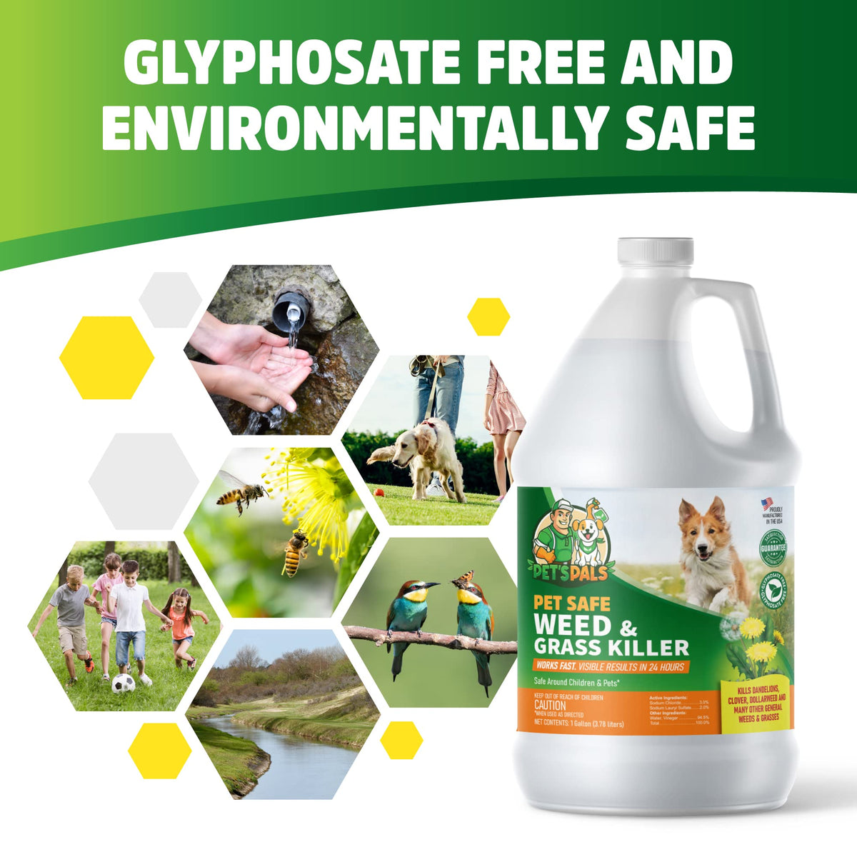 PET'S PALS glyphosate-free spray demonstrates kid-friendly weed control near play areas.