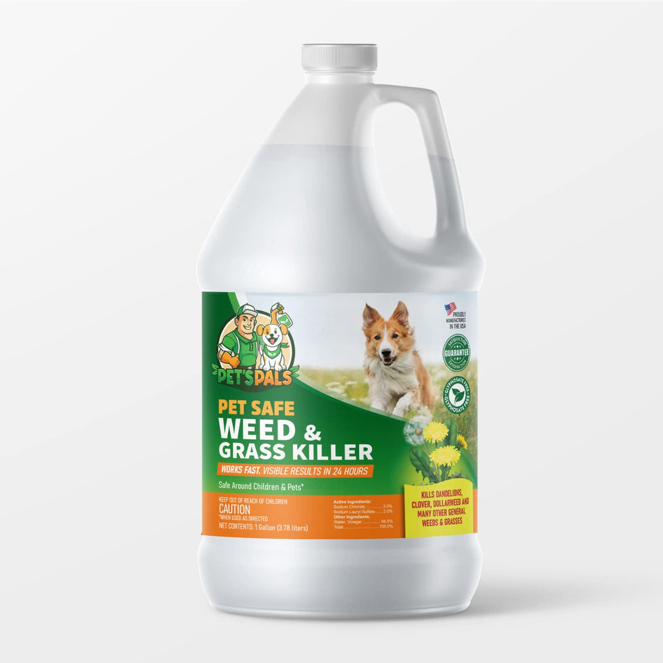PET'S PALS natural weed killer bottle demonstrates pet-safe weed control outdoors.