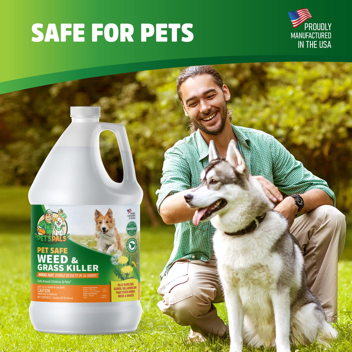 PET'S PALS bottle in a garden setting highlights environmentally safe weed control beside flower beds.