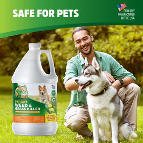 PET'S PALS bottle in a garden setting highlights environmentally safe weed control beside flower beds.