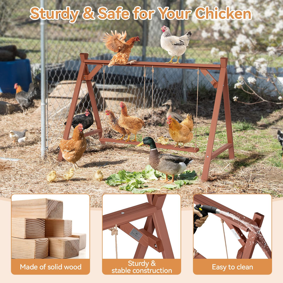 Petsfit solid fir wood perch withstands sun and rain for durable outdoor roosting.