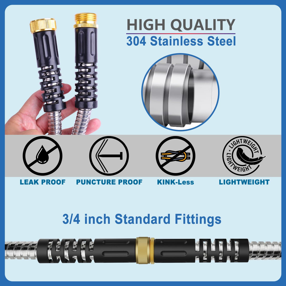 Petswi lightweight stainless hose for easy handling and reduced drag.