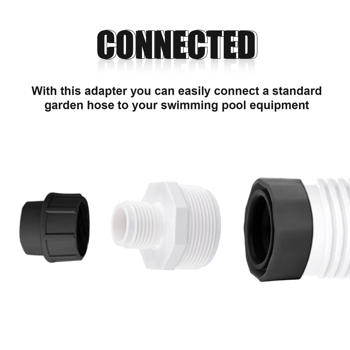 PEUTIER 1-5 NPT to 3-4 GHT connection highlights versatile pool setups.