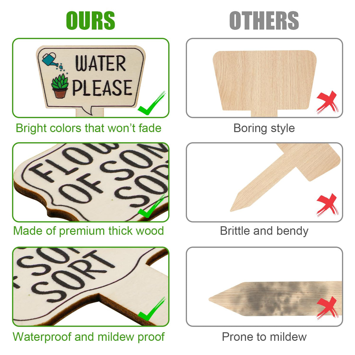 PEUTIER markers with funny words and patterns for quick plant identification.
