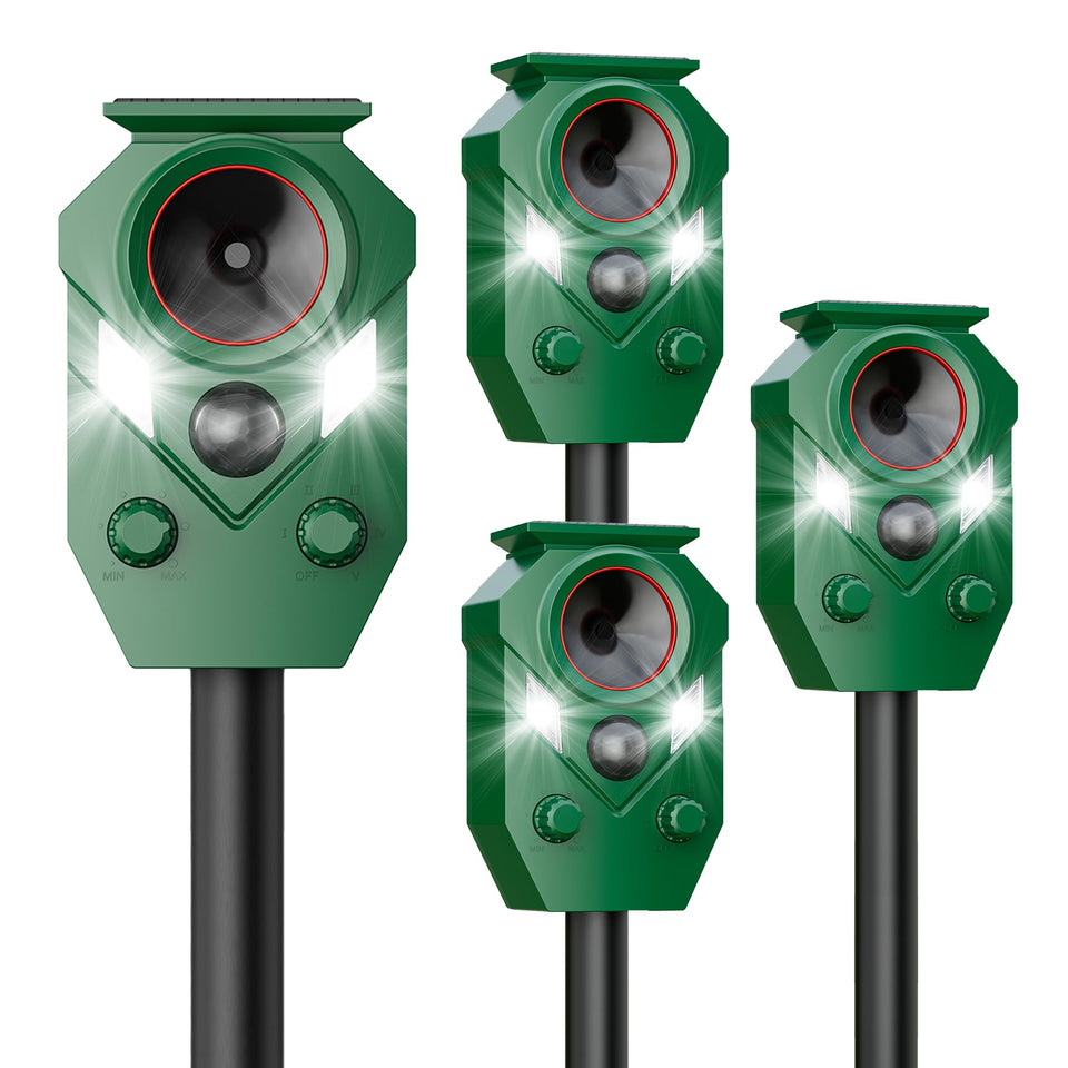 PEXPEL solar deer repellent device front view with motion sensor and LED lights for outdoor deterrence