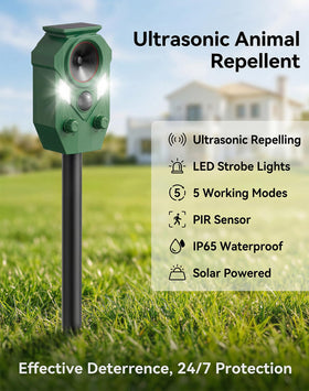 PEXPEL solar deer repellent device side view illustrating 5 modes and adjustable sensitivity