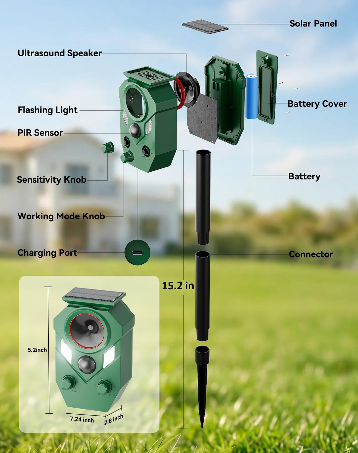 PEXPEL ultrasonic waves and LED strobe deter multiple outdoor pests safely