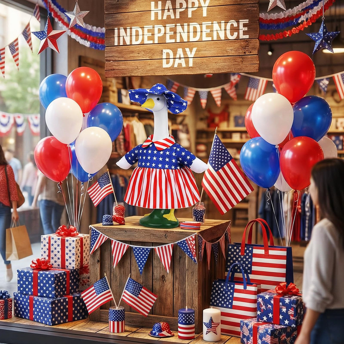 Pextian Fourth of July goose decor ready for porch celebrations.