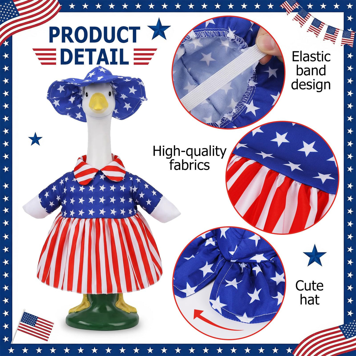 Pextian patriotic porch goose costume on a lawn statue creates backyard charm.