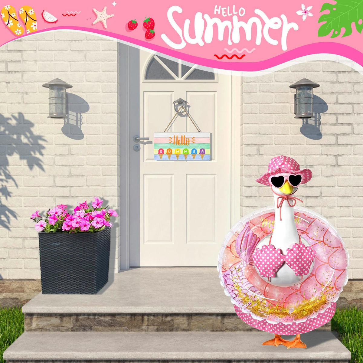 Pextian Hawaiian Porch Goose Ensemble completes cheerful outdoor decor.