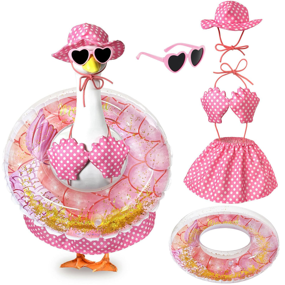 Pextian Hawaiian Porch Goose Outfit hat adds festive charm to outdoor display.