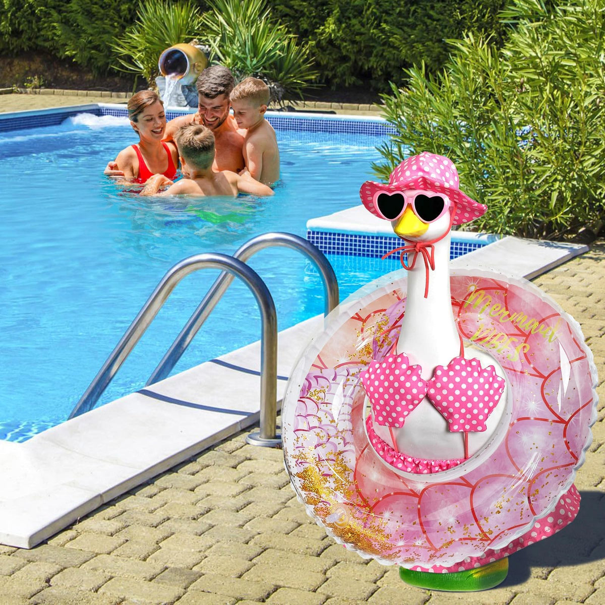 Pextian Hawaiian Porch Goose Outfit heart sunglasses create fun photo moments.