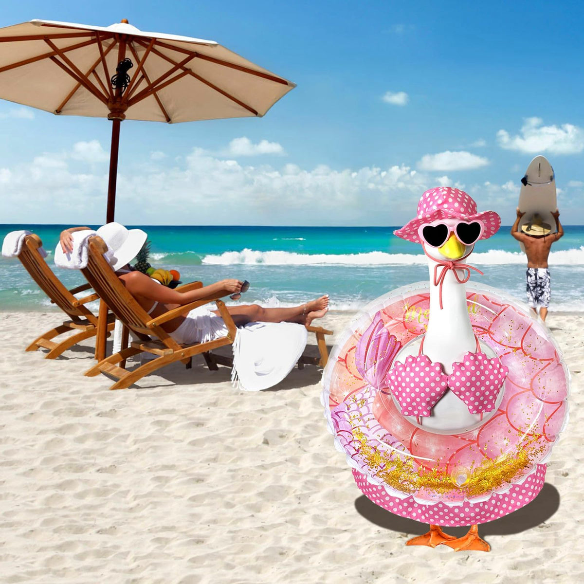 Pextian Hawaiian Porch Goose Outfit pink inner tube for summer flair.
