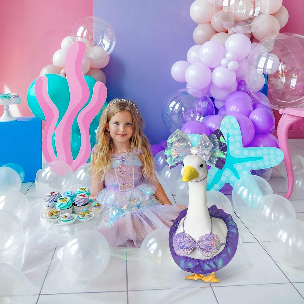 Pextian Mermaid Goose Outfit complements lawn decor around goose statues.