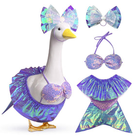 Pextian Mermaid Goose Outfit with purple bow adds charm to outdoor lawn displays.