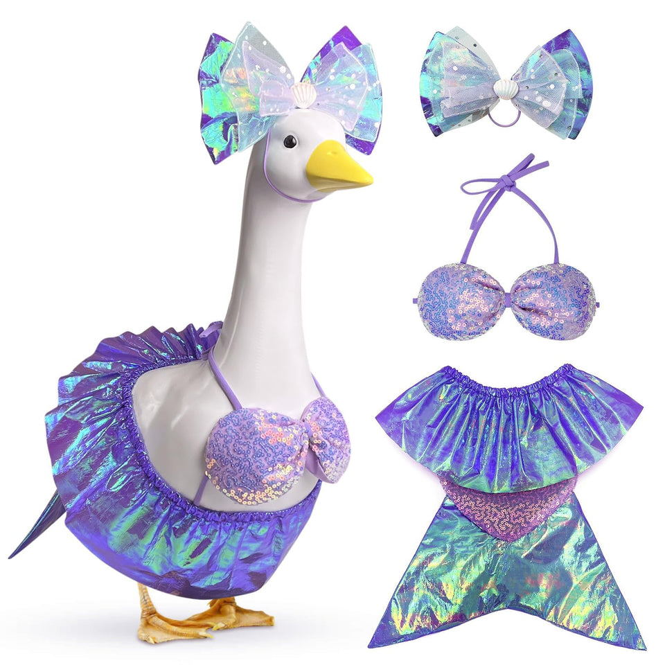 Pextian Mermaid Goose Outfit with purple bow adds charm to outdoor lawn displays.