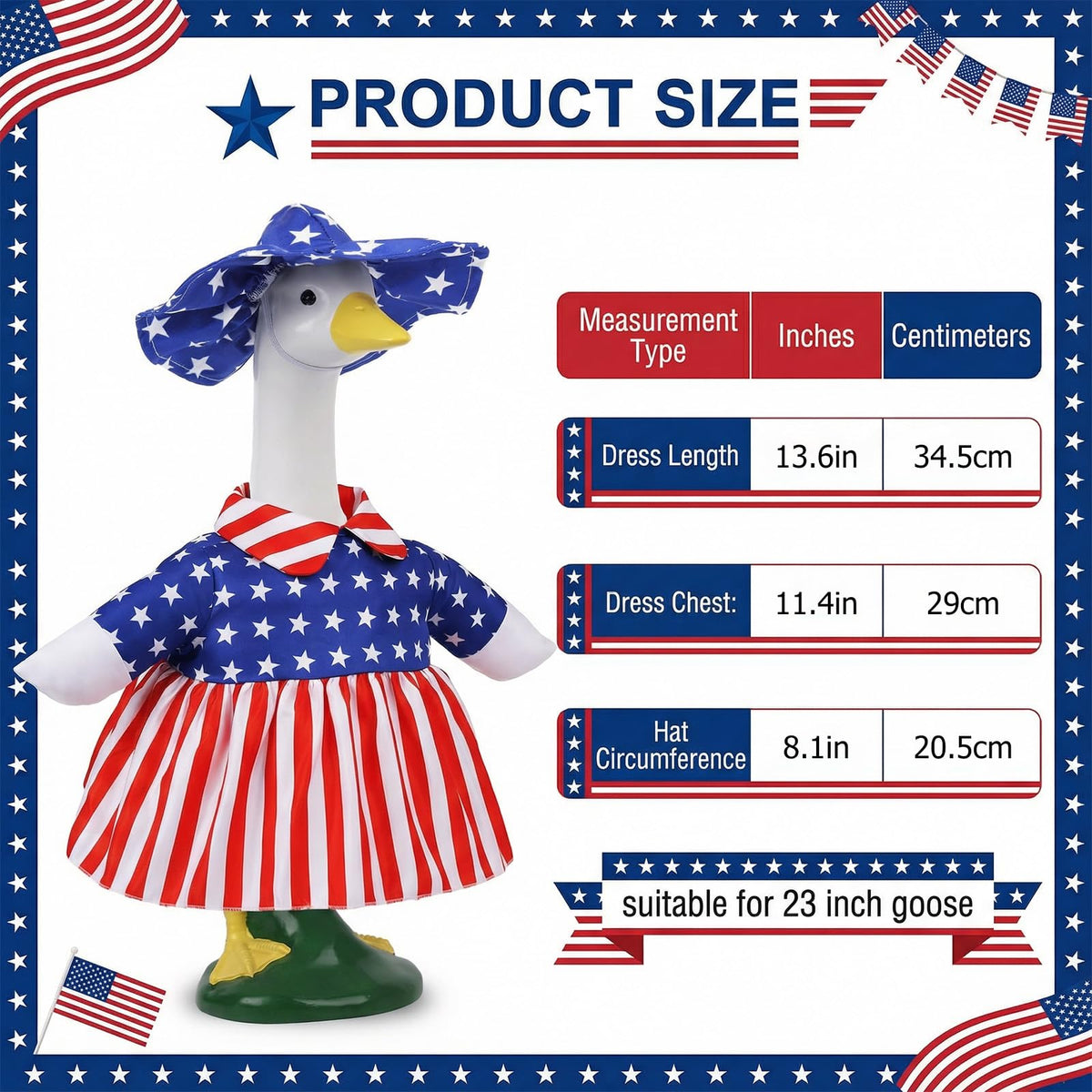 Pextian patriotic porch goose outfit American skirt brightens the porch for celebrations.