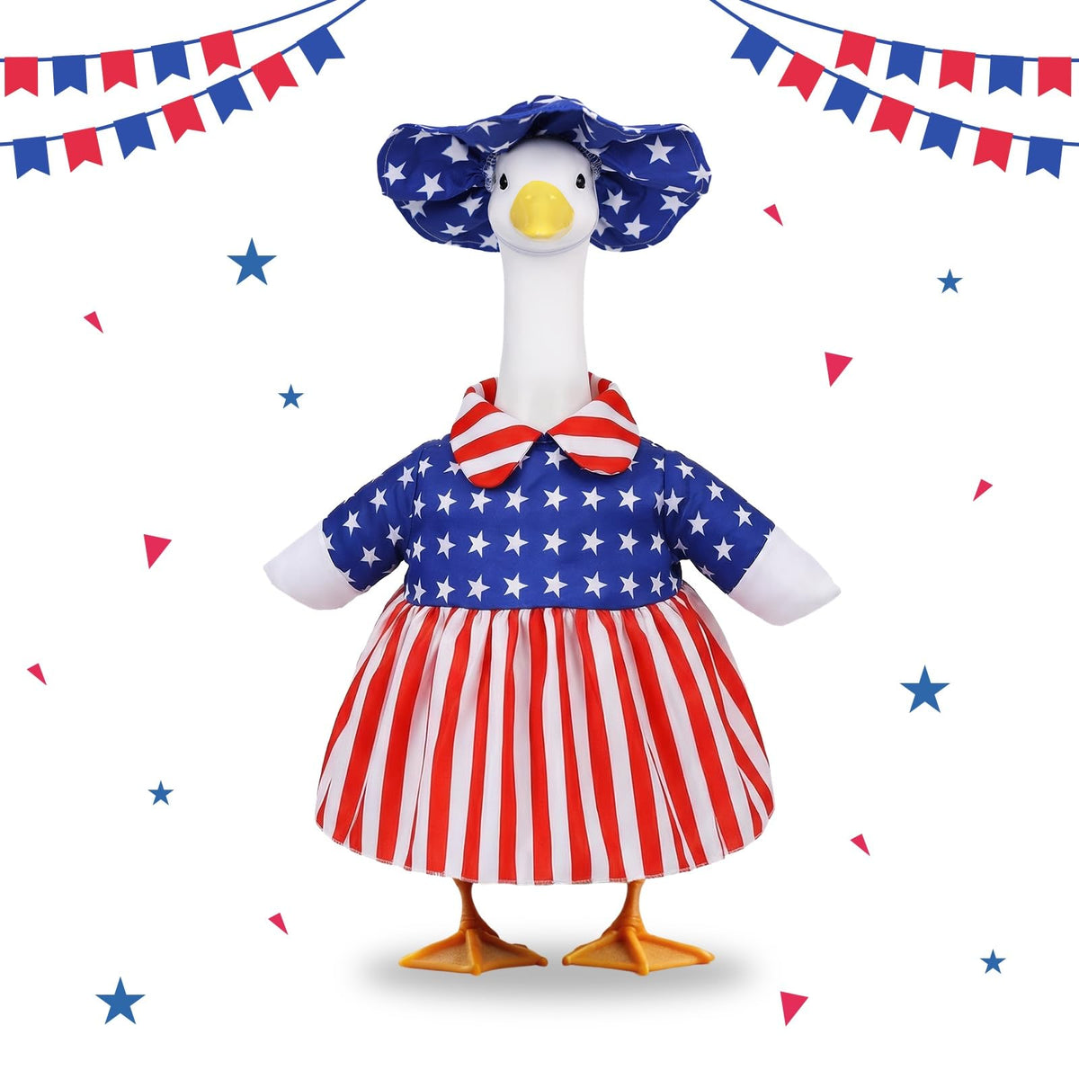 Pextian patriotic porch goose outfit hat on a 23-inch lawn statue adds festive curb appeal.