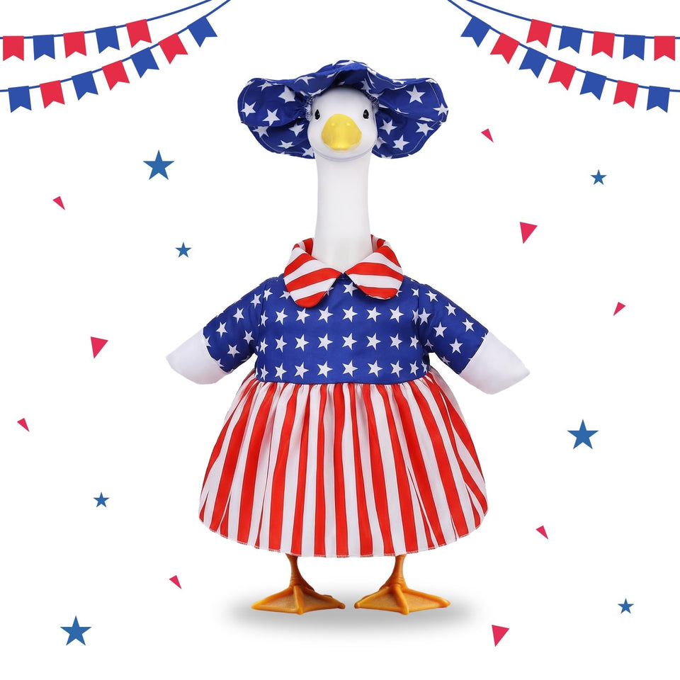 Pextian patriotic porch goose outfit hat on a 23-inch lawn statue adds festive curb appeal.