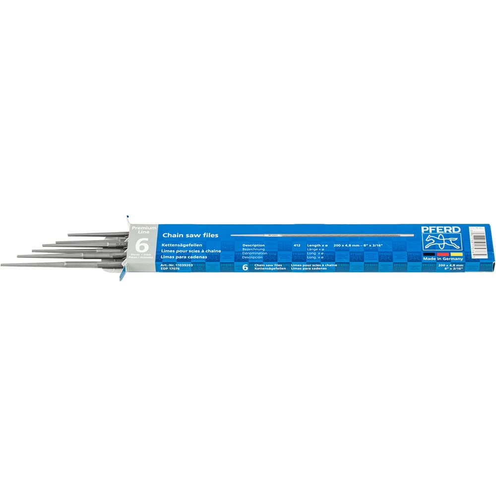 PFERD 3-16 round chain saw file set with spiral cut for precise manual sharpening.