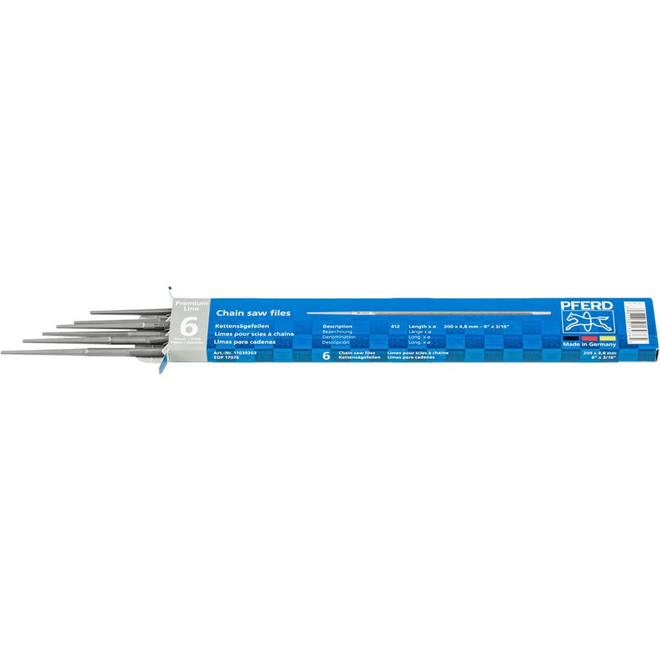 PFERD 3-16 round chain saw file set with spiral cut for precise manual sharpening.