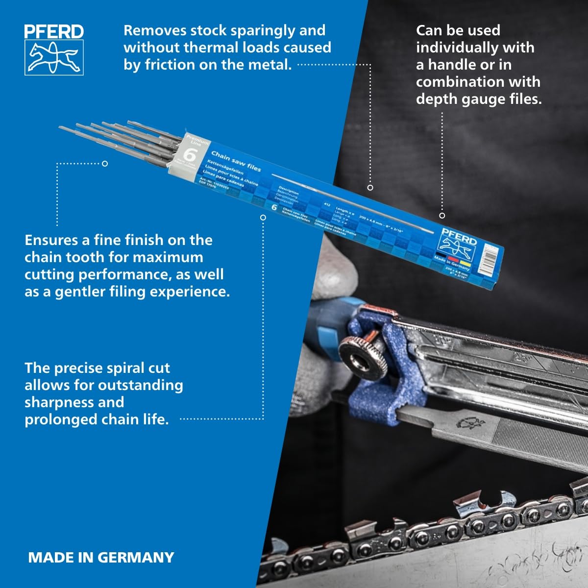 PFERD chain saw file set case with six files for organized field sharpening.