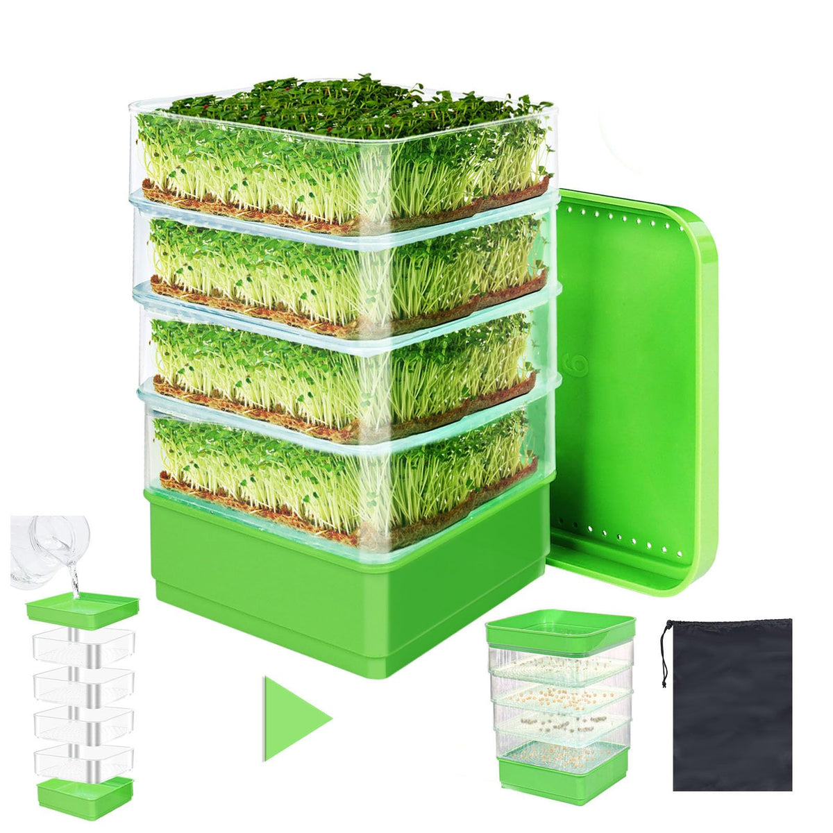 PHAIN 4-tier seed sprouting kit with drain holes for efficient moisture control and faster cycles.
