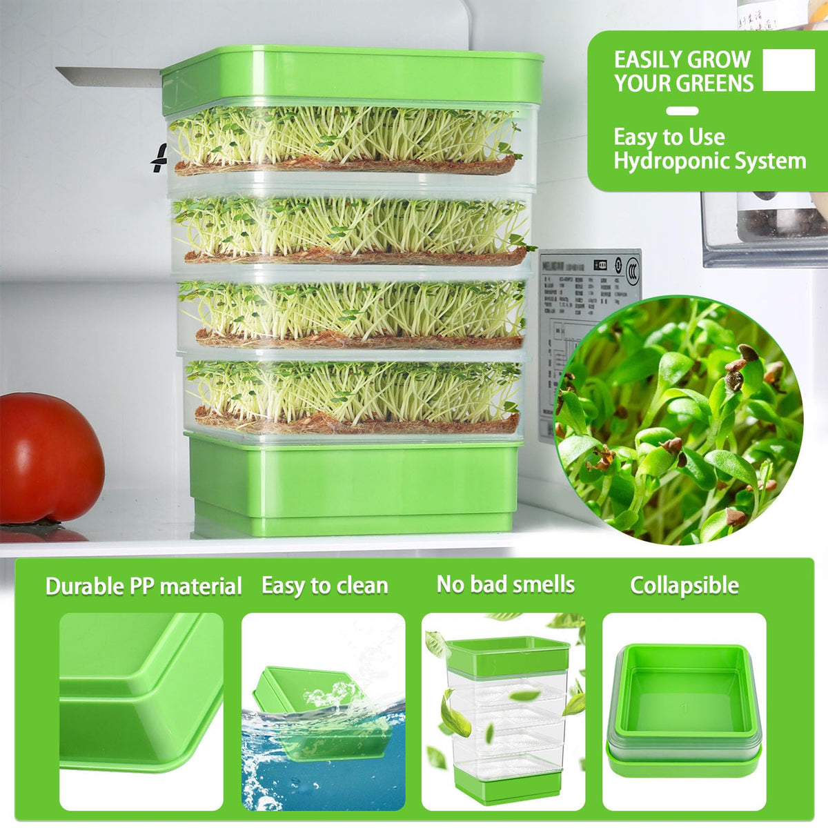 PHAIN drain-tray stackable design showing space-saving sprouter with moisture collection.