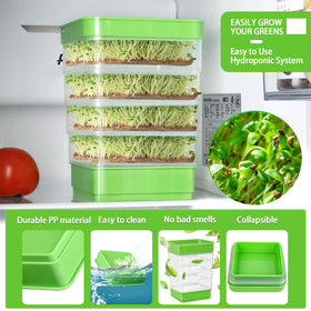 PHAIN drain-tray stackable design showing space-saving sprouter with moisture collection.