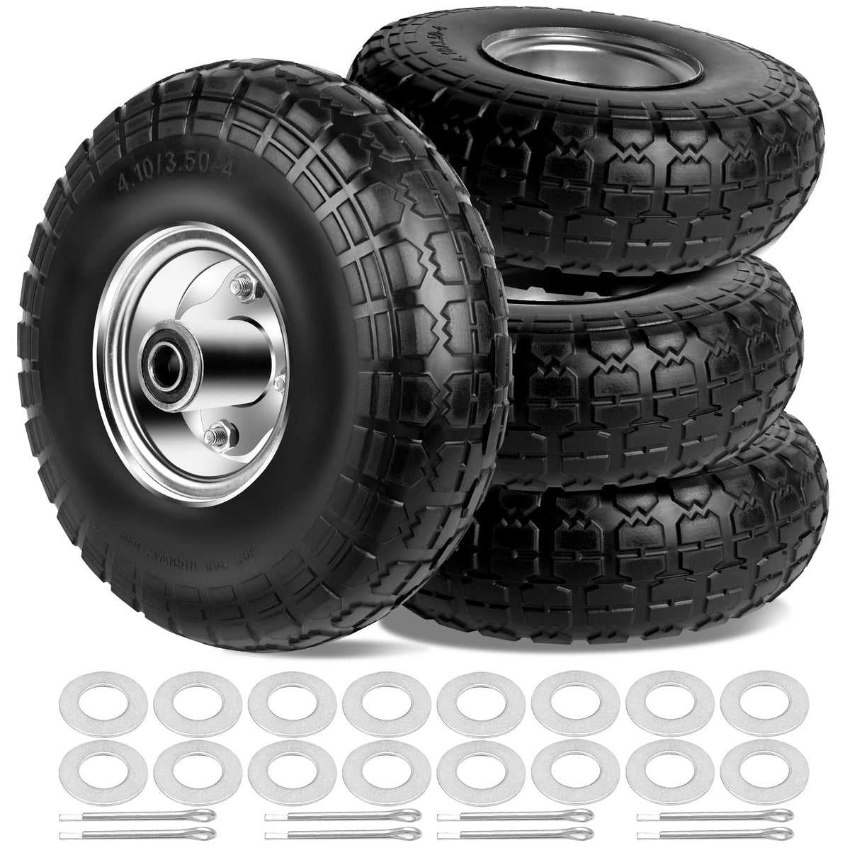 Phepetroll 410350-4 tire side view showing a 10-inch solid wheel for carts