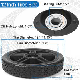 Phepetroll 12 inch mower wheels with 1/2 bore enable quick, tool free replacement.