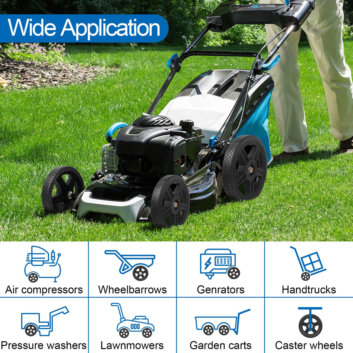 Phepetroll universal wheels fit multiple tools for versatile yard updates
