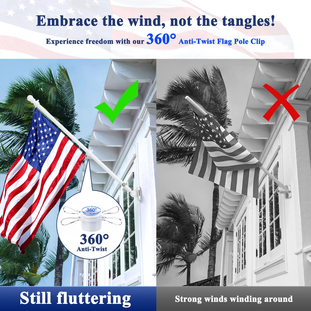 PHITRIC flag pole with 360° rotating rings to prevent wrap