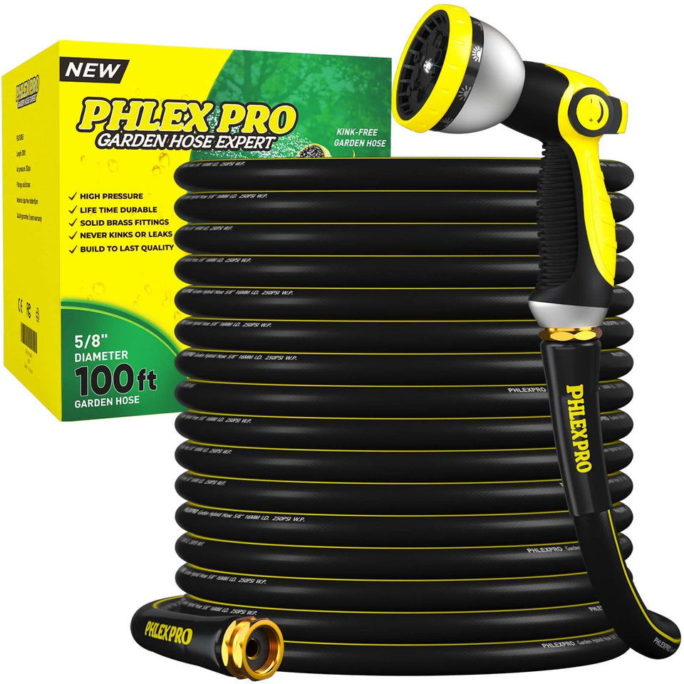 PHLEX PRO garden hose 100ft showing durable heavy-duty construction for extended outdoor use