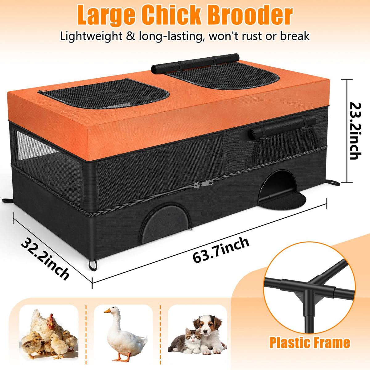 Phoncoo 64-inch brooder side view highlights sturdy frame and easy-clean design.