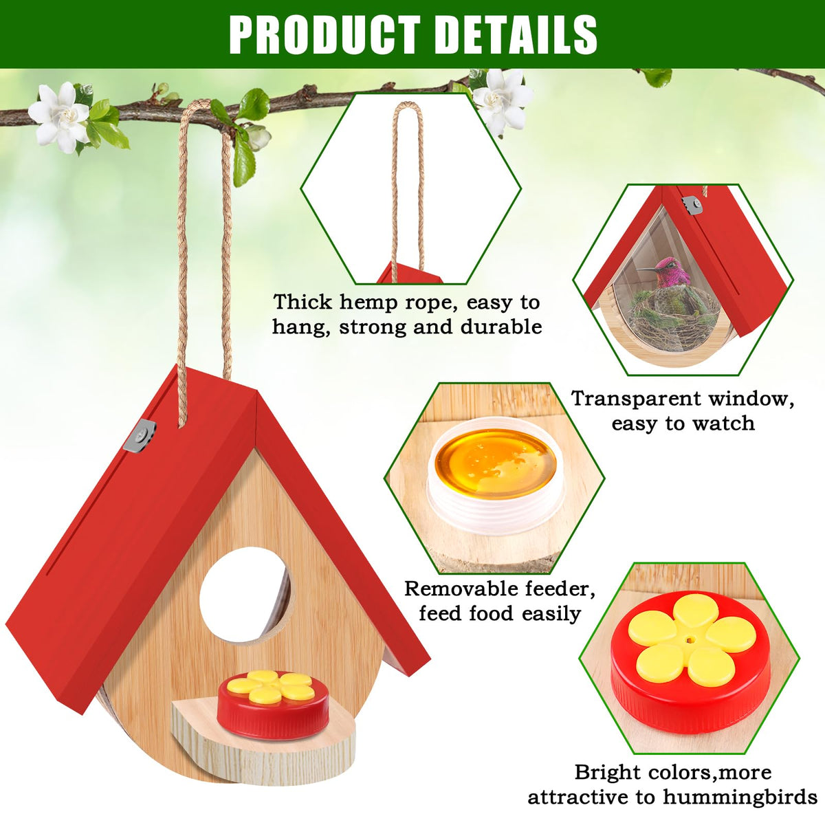 Phoncoo hanging hemp rope setup shows secure outdoor mounting for bird houses.