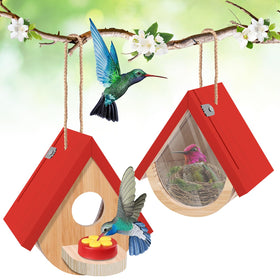 Phoncoo hummingbird house with wooden red roof offers a cozy nesting space and easy viewing.