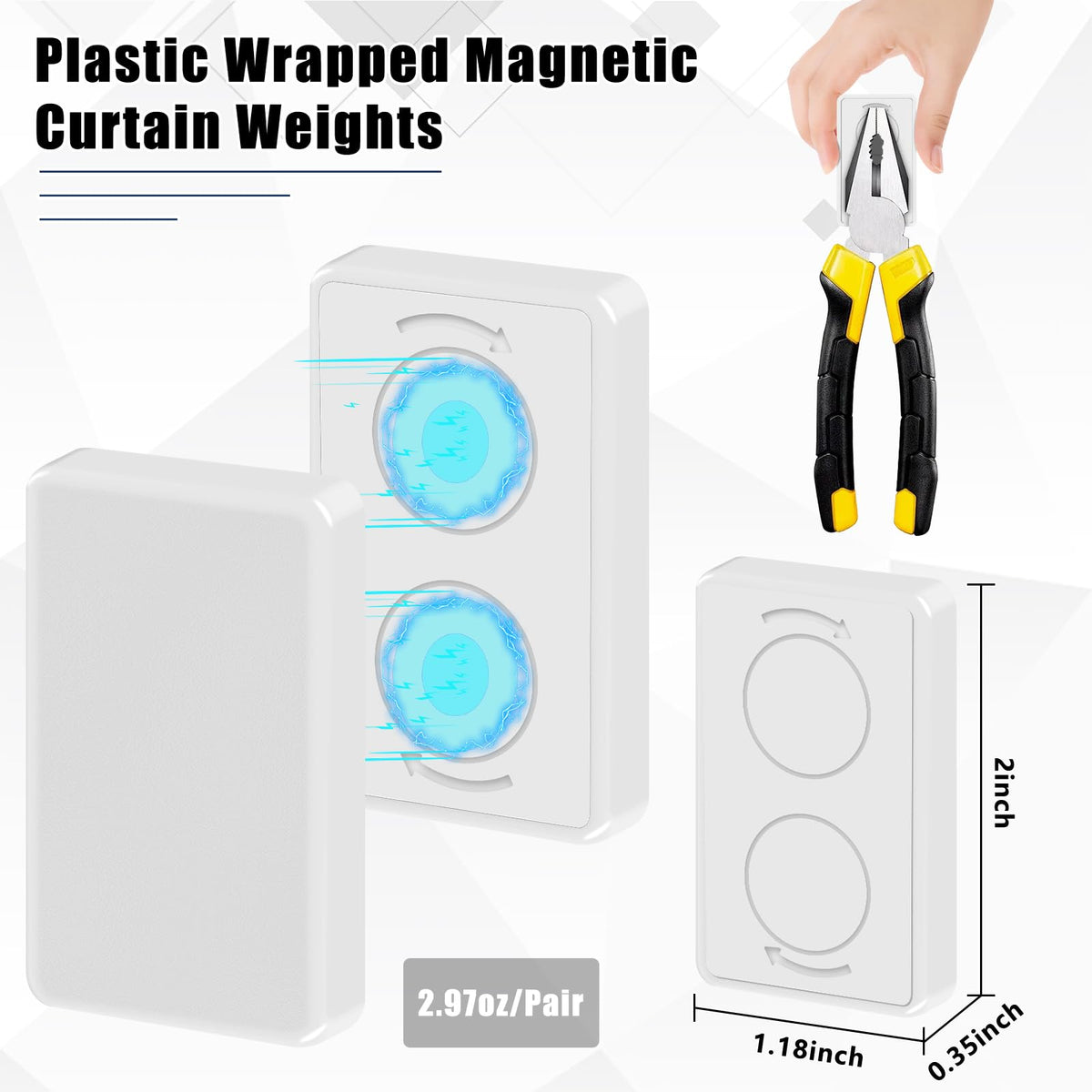 Phoncoo outdoor curtain weights top angle demonstrating quick magnet pairing
