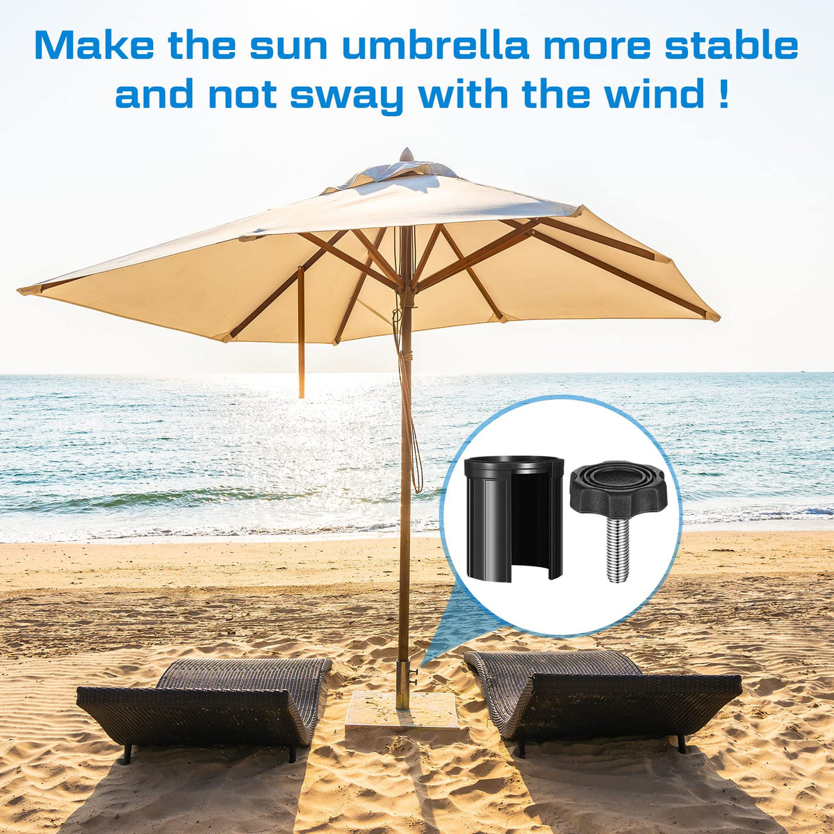 Photect stabilizes the umbrella base to reduce wobble in breezy conditions.